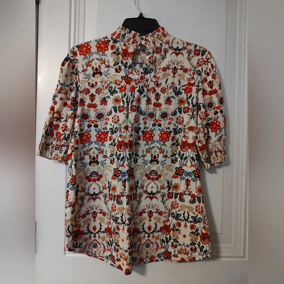 LOFT Floral Cream Blouse with Red and Navy Accents - Picture 2 of 8